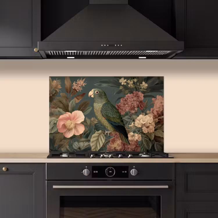 Kitchen splashback for hob - Green parrot - Colorful flowers - Dark background — 5