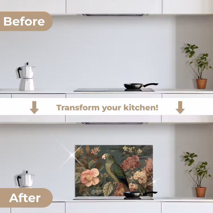 Kitchen splashback for hob - Green parrot - Colorful flowers - Dark background — 7