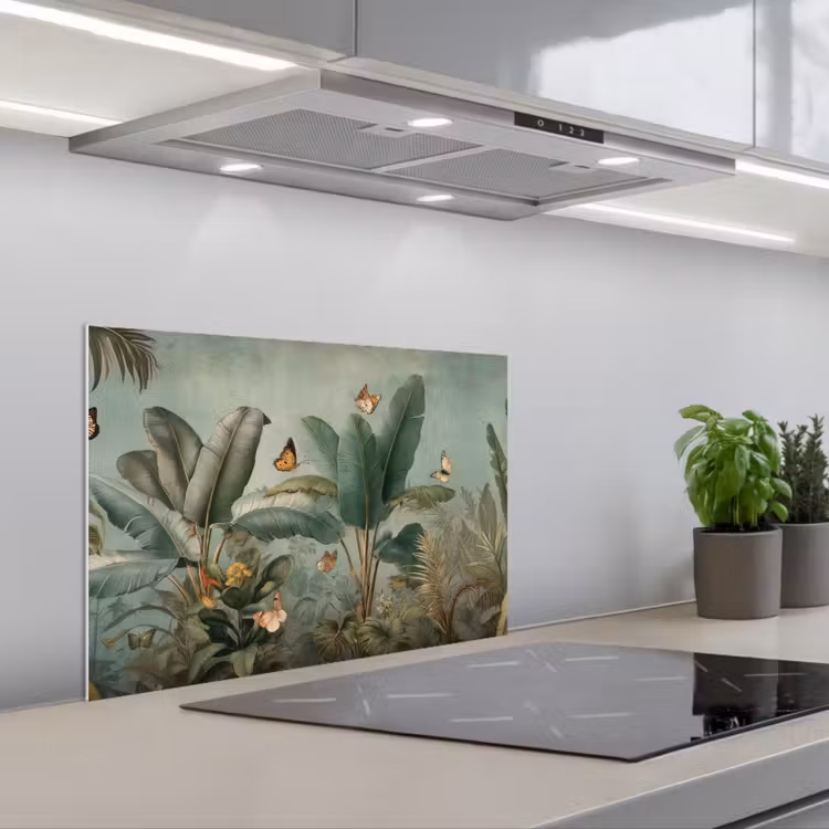 Kitchen splashback for hob - Tropical foliage - Butterflies - green - Brown — 1