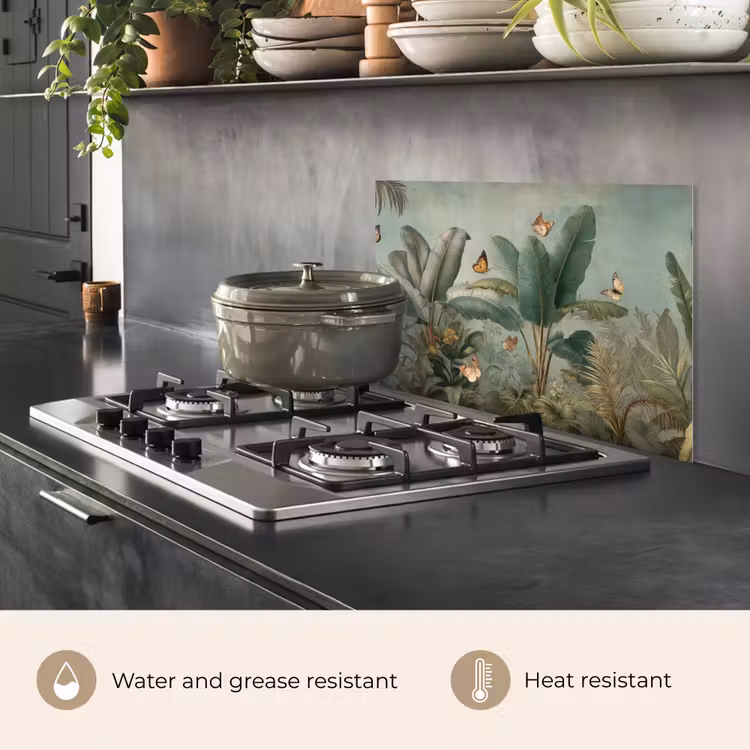 Kitchen splashback for hob - Tropical foliage - Butterflies - green - Brown — 2