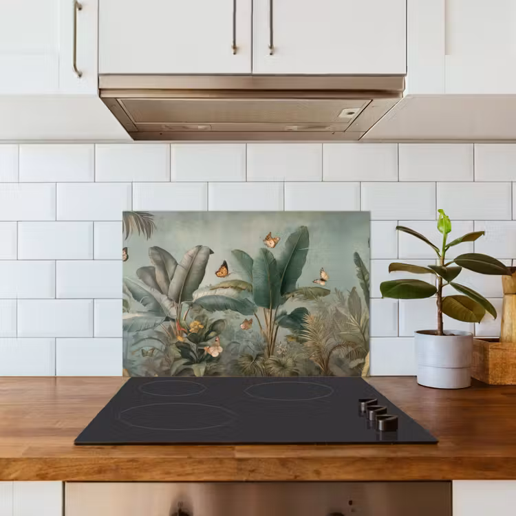 Kitchen splashback for hob - Tropical foliage - Butterflies - green - Brown — 3