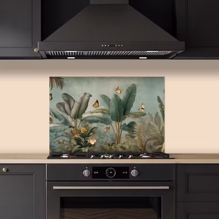Kitchen splashback for hob - Tropical foliage - Butterflies - green - Brown — 5