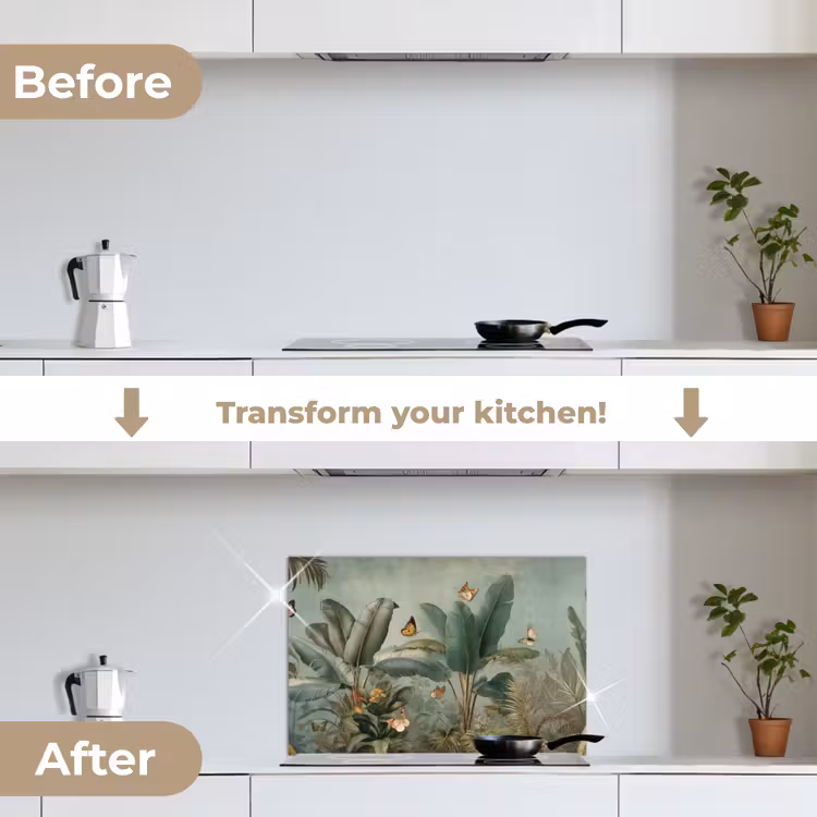 Kitchen splashback for hob - Tropical foliage - Butterflies - green - Brown — 7