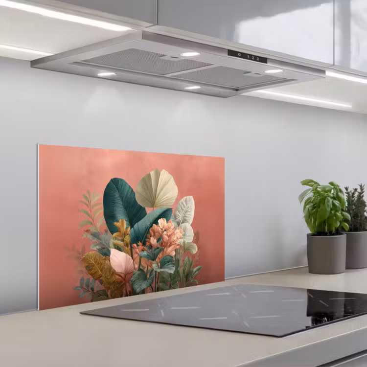 Kitchen splashback for hob - Tropical leaves - Flowers - Pink - green — 1