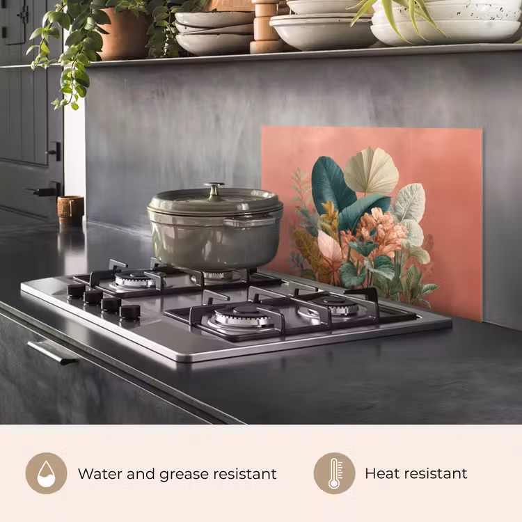 Kitchen splashback for hob - Tropical leaves - Flowers - Pink - green — 2
