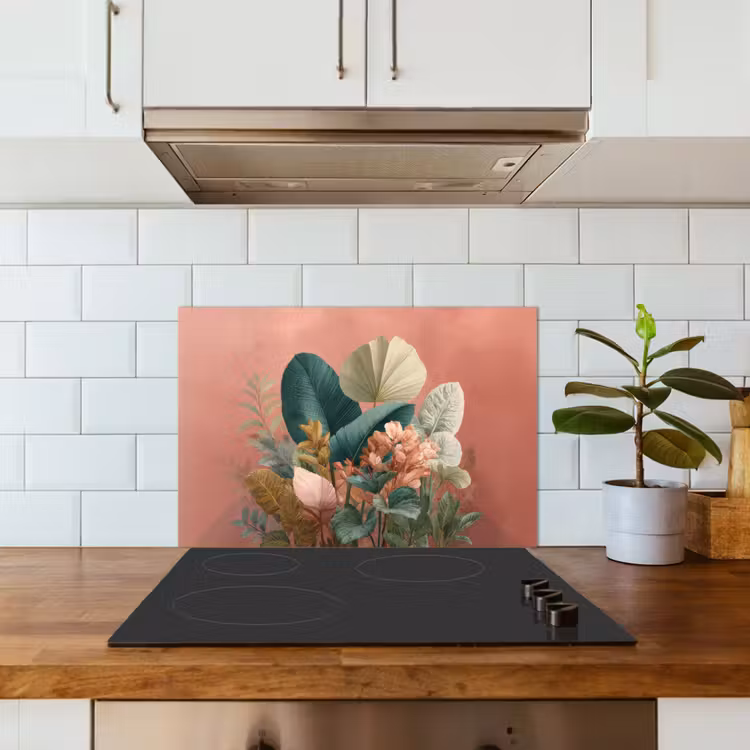 Kitchen splashback for hob - Tropical leaves - Flowers - Pink - green — 3