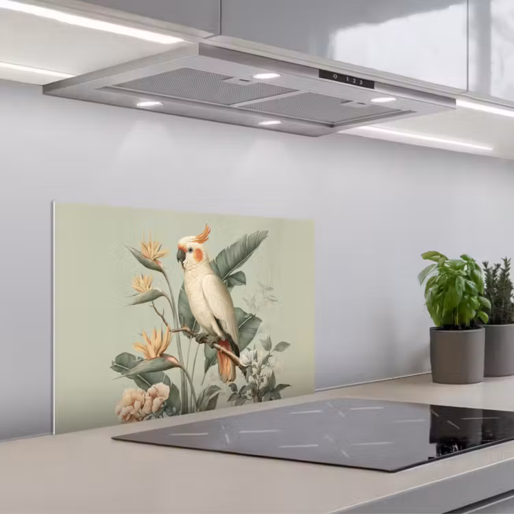 Kitchen splashback for hob - Yellow crested cockatoo - bird of paradise flowers - Green — 1