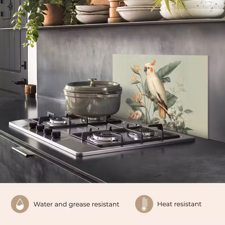 Kitchen splashback for hob - Yellow crested cockatoo - bird of paradise flowers - Green — 2