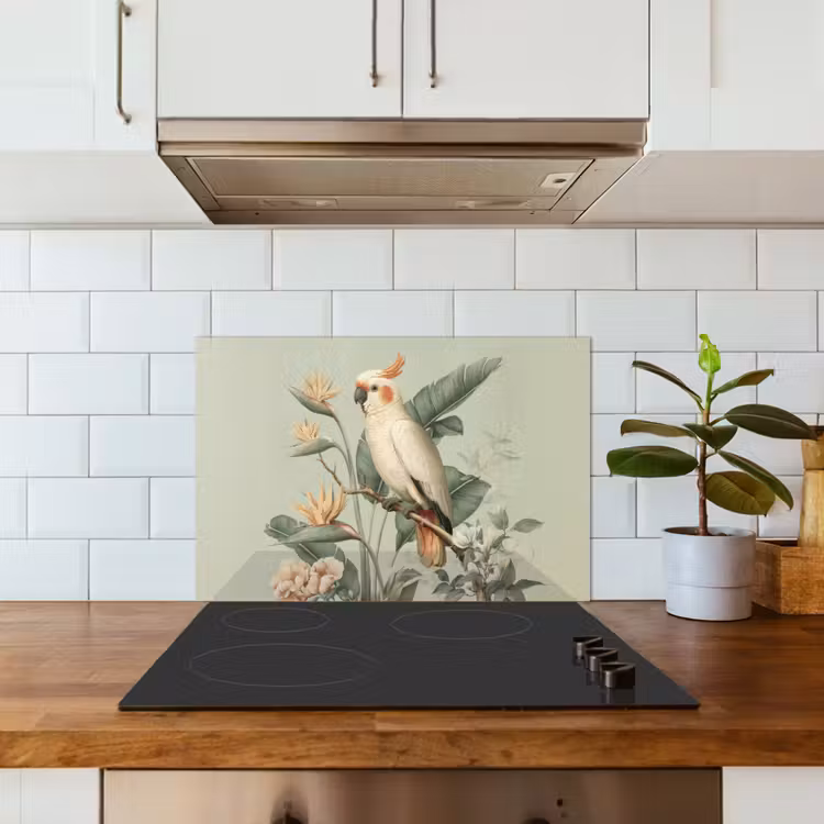 Kitchen splashback for hob - Yellow crested cockatoo - bird of paradise flowers - Green — 3