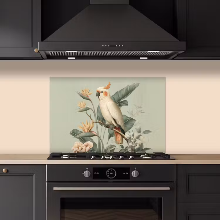 Kitchen splashback for hob - Yellow crested cockatoo - bird of paradise flowers - Green — 5