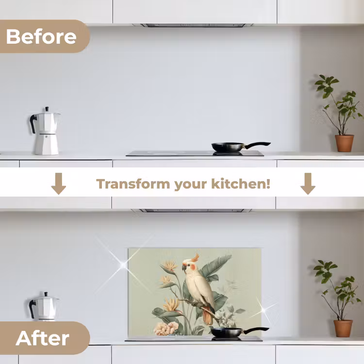 Kitchen splashback for hob - Yellow crested cockatoo - bird of paradise flowers - Green — 7