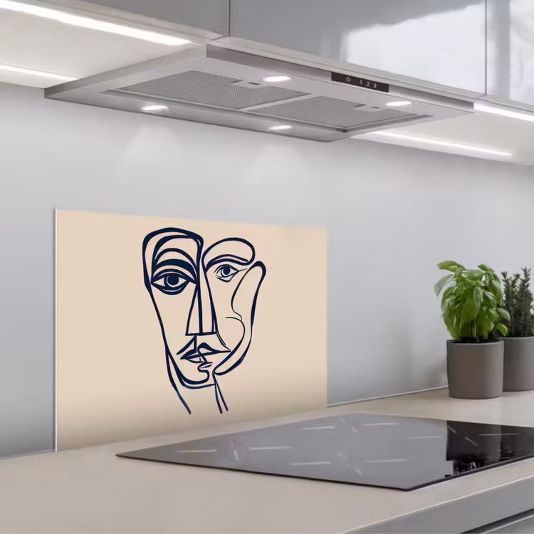 Kitchen splashback for hob - Minimalist - Line illustration - Beige - Dark blue — 1