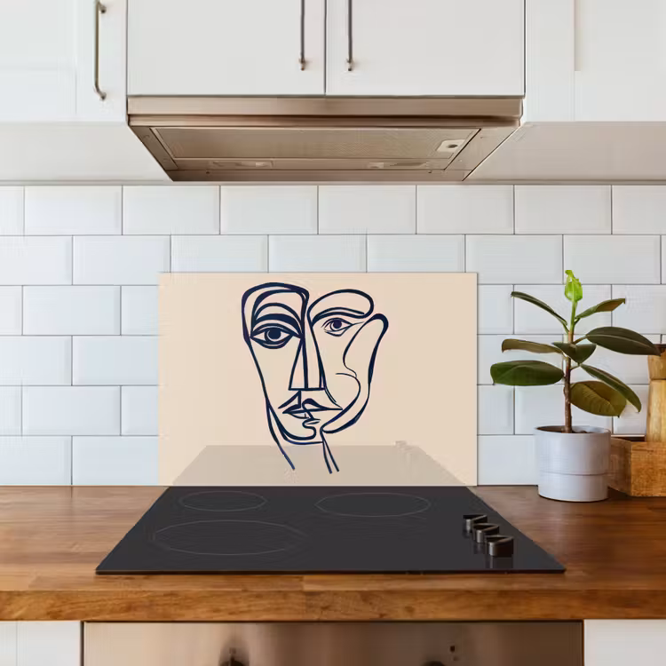 Kitchen splashback for hob - Minimalist - Line illustration - Beige - Dark blue — 3