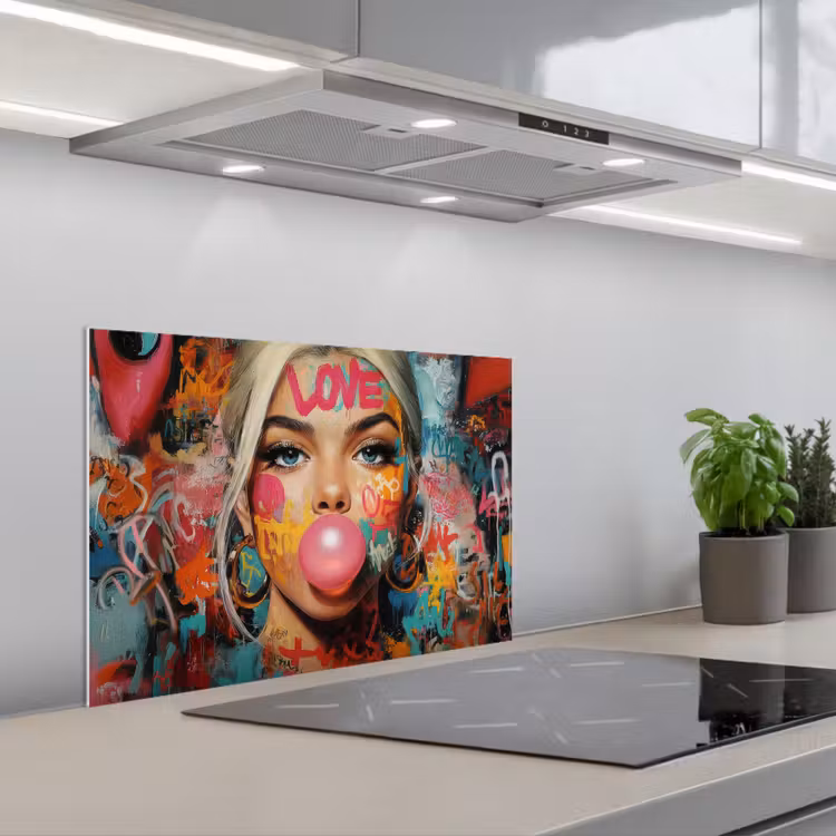 Kitchen splashback for hob - Woman - Chewing gum - Graffiti - Love — 1