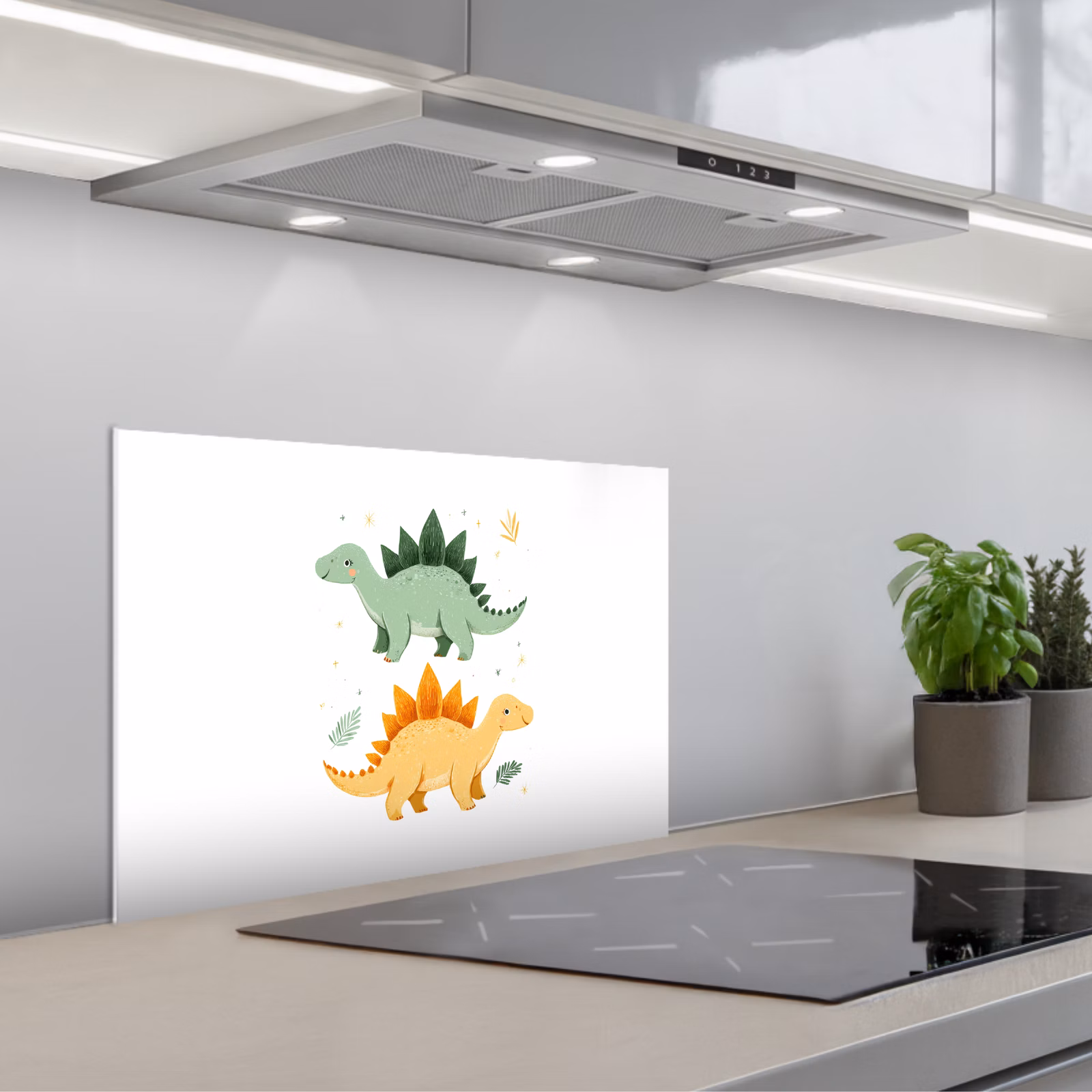 Kitchen splashback for hob - Stars - Stegosaurs - Leaves - Green — 1