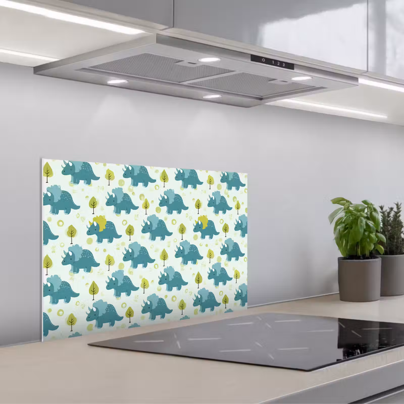 Kitchen splashback for hob - Triceratop - Blue - Dots - Trees — 1