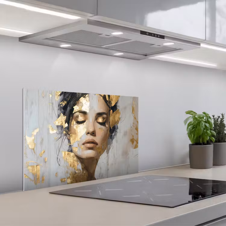 Kitchen splashback for hob - Ornate - Woman - Gold - Eyes — 1