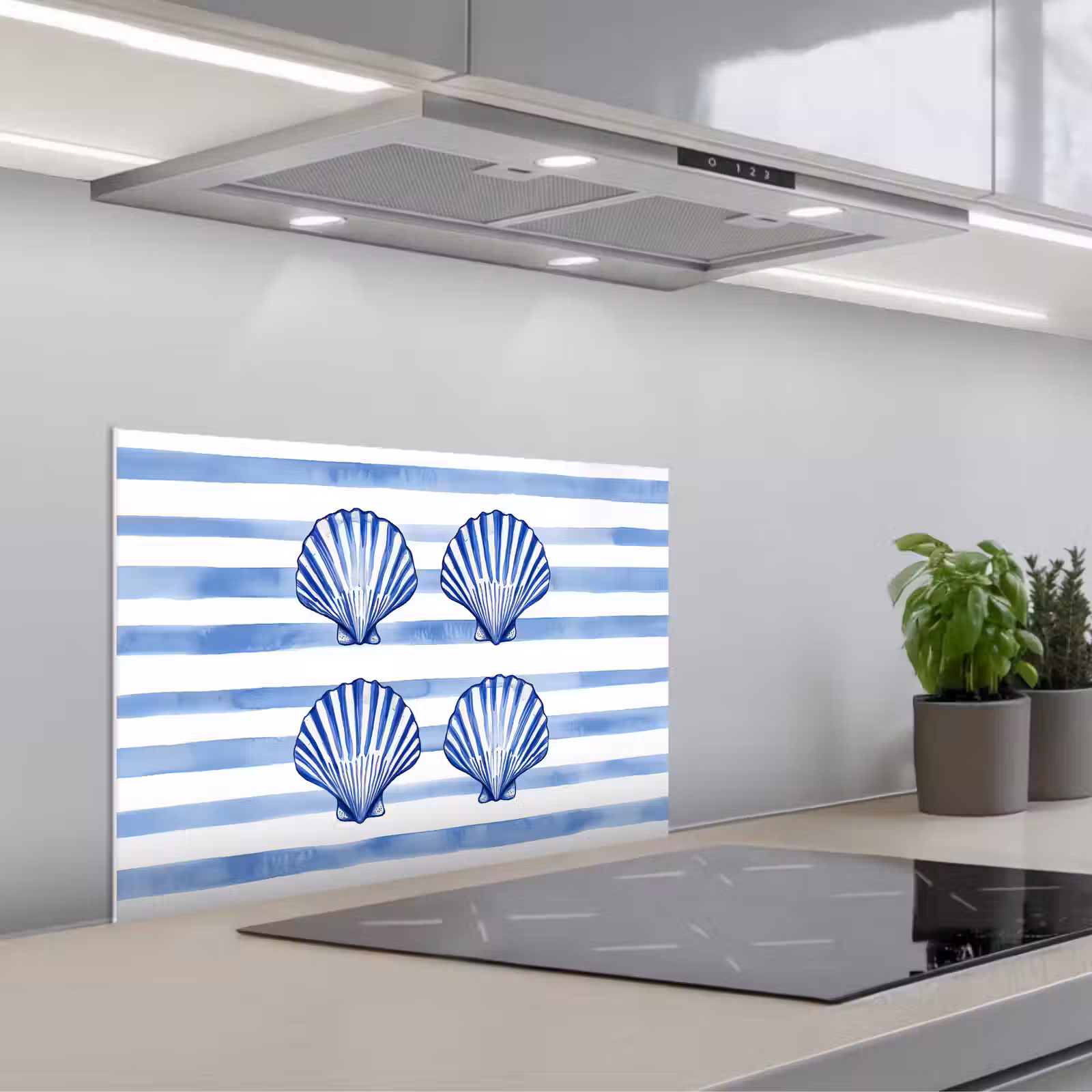 Kitchen splashback for hob - Four shells - Blue - White - Stripes — 1