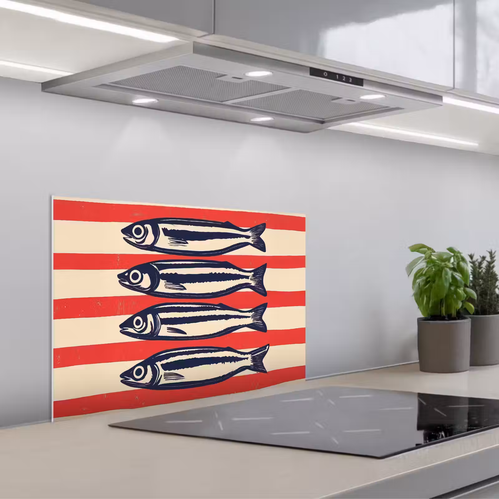 Kitchen splashback for hob - Sardines - Red and beige stripes — 1