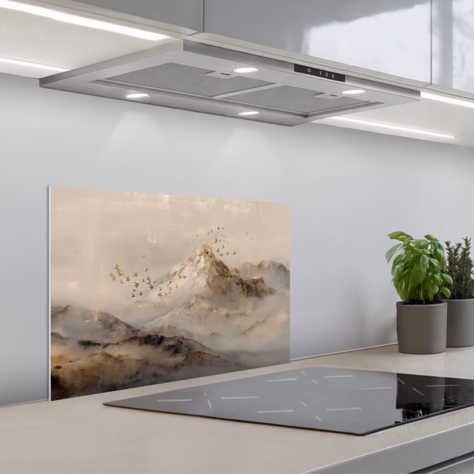 Kitchen splashback for hob - Mountain landscape - Fog - Brush strokes — 1