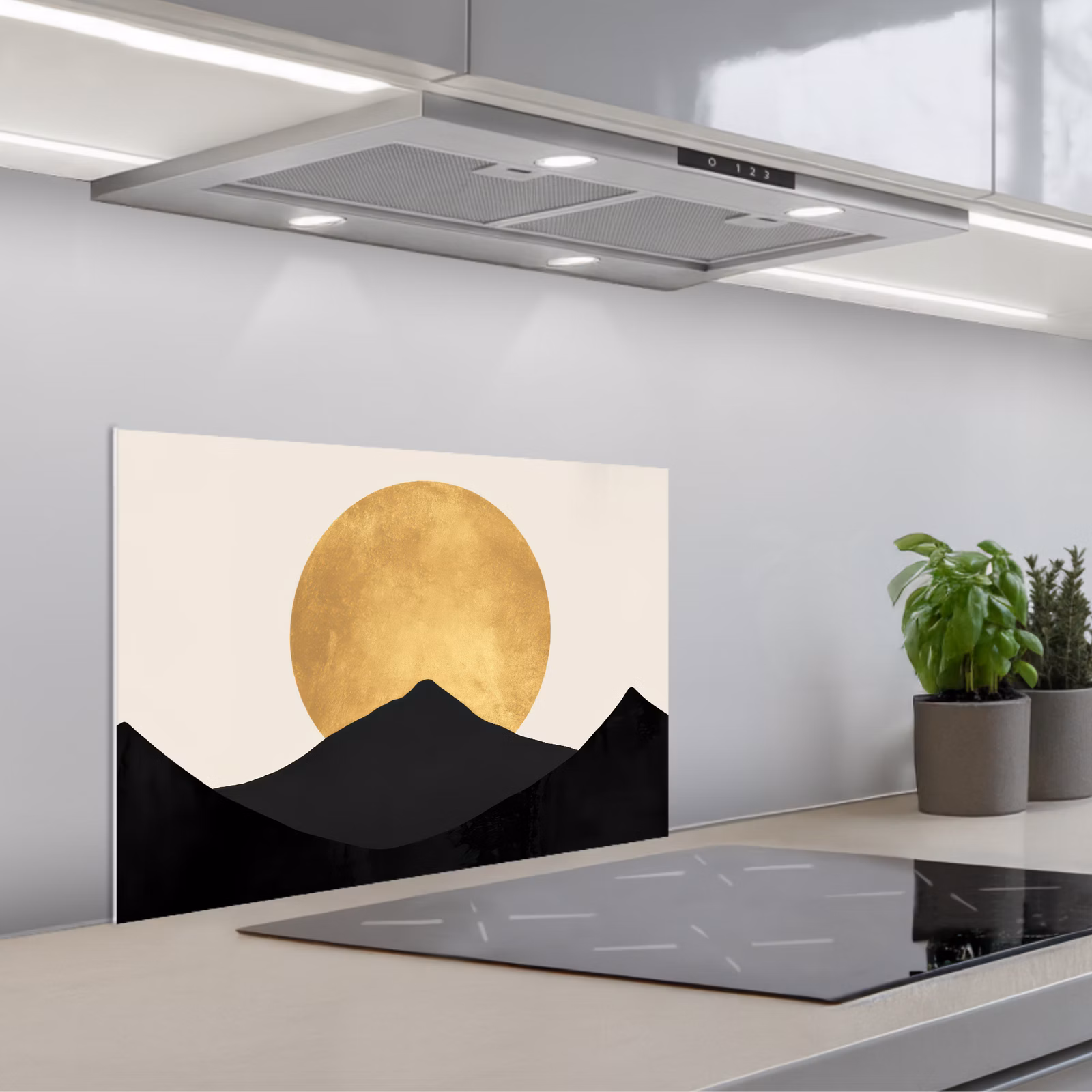 Kitchen splashback for hob - Mountain silhouettes - Golden circle - Beige — 1