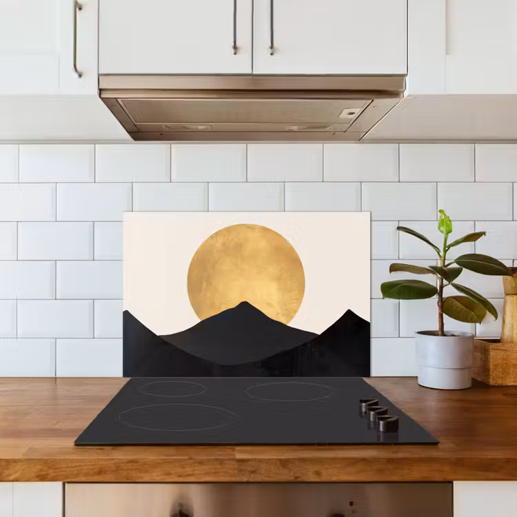 Kitchen splashback for hob - Mountain silhouettes - Golden circle - Beige — 3