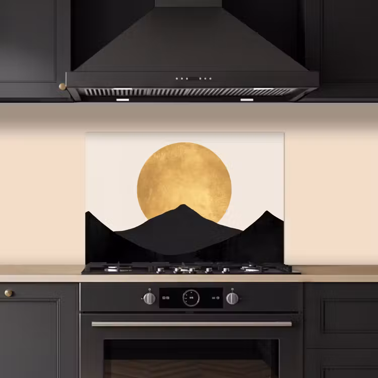 Kitchen splashback for hob - Mountain silhouettes - Golden circle - Beige — 5