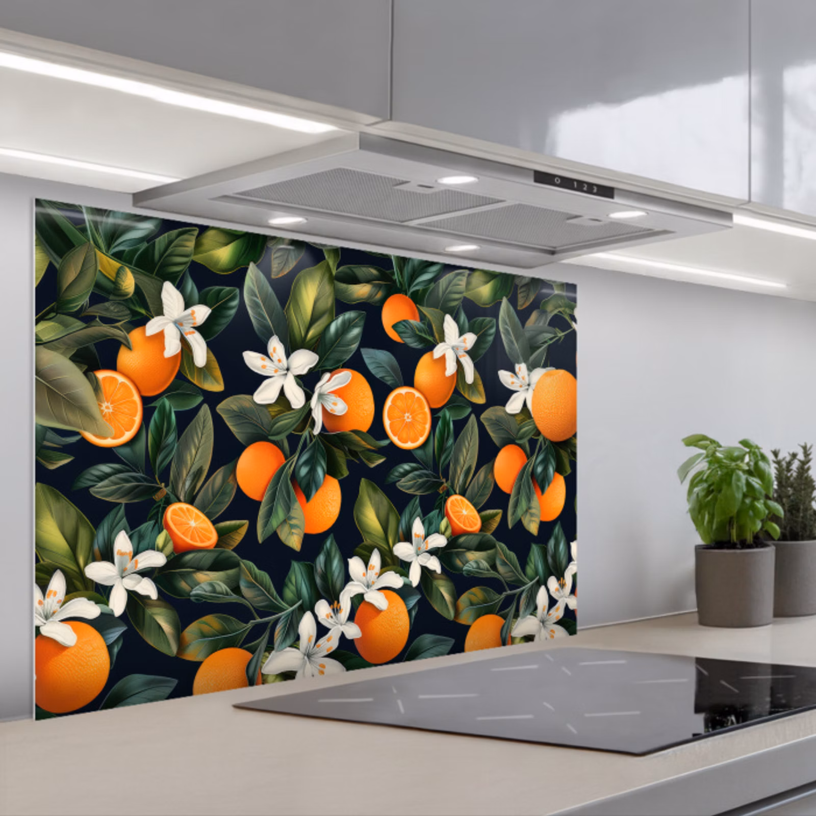 Kitchen splashback for hob - Oranges - Blossoms - Leaves - Tropical — 1