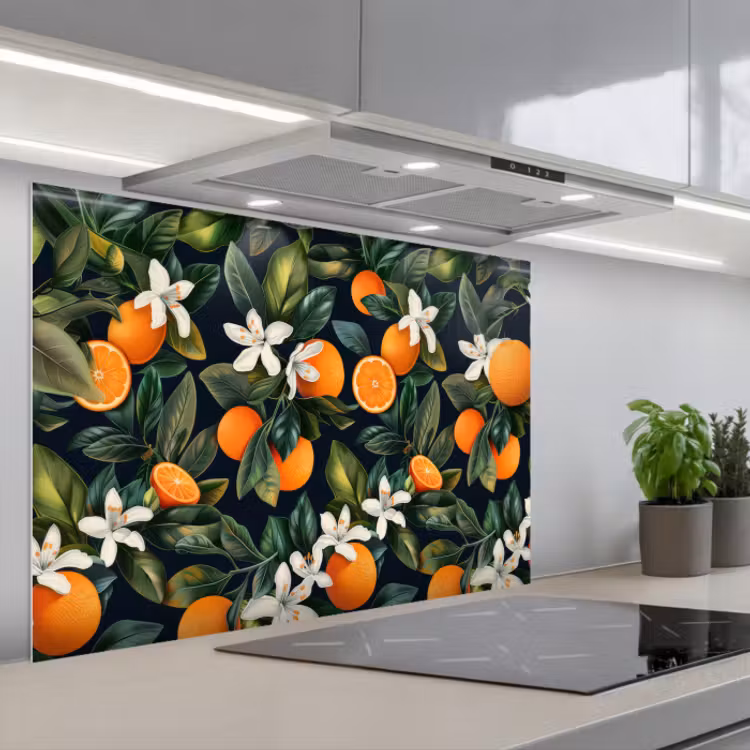 Kitchen splashback for hob - Oranges - Blossoms - Leaves - Tropical — 1