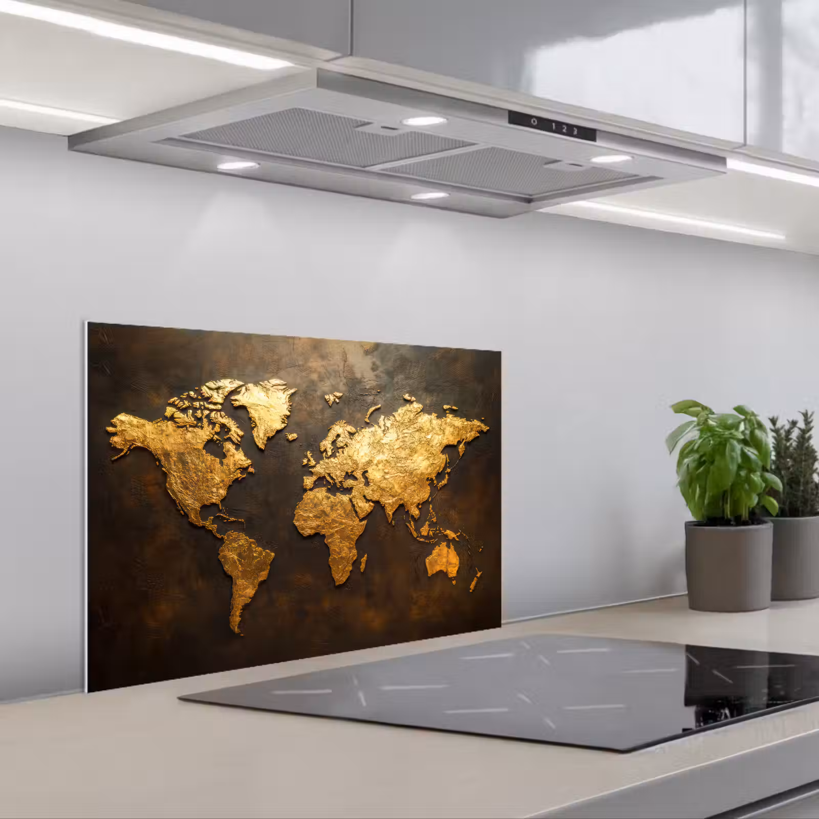 Kitchen splashback for hob - World map - Gold - Rust — 1