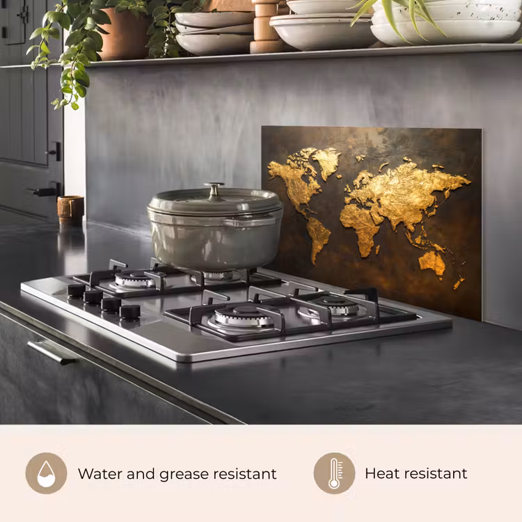 Kitchen splashback for hob - World map - Gold - Rust — 2