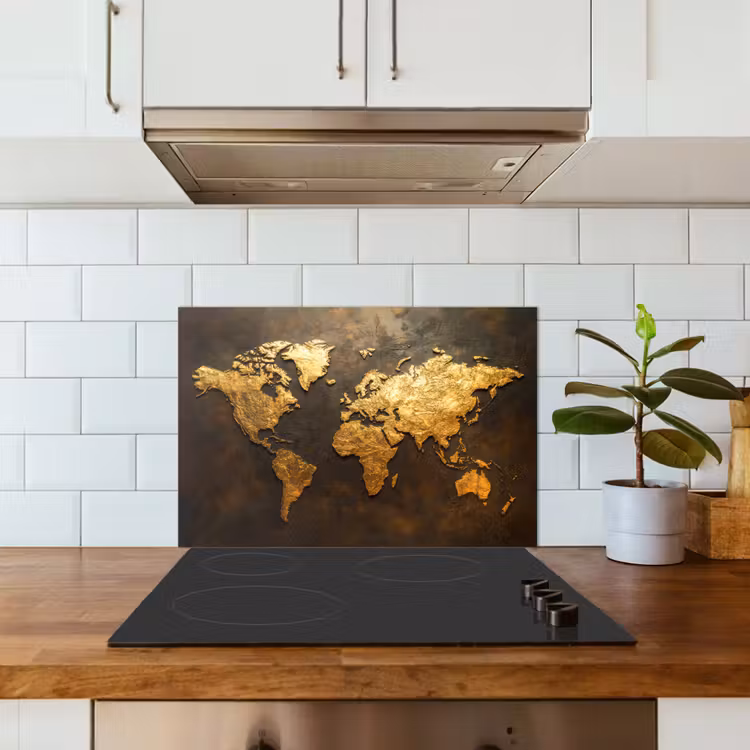 Kitchen splashback for hob - World map - Gold - Rust — 3