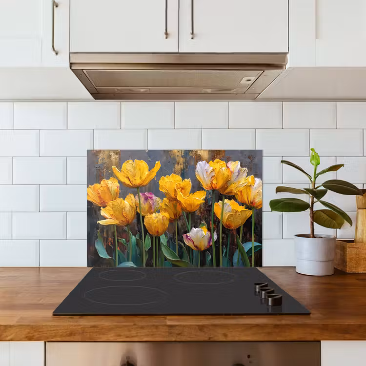 Kitchen splashback for hob - Tulips - Yellow - Brush strokes - Abstract — 3