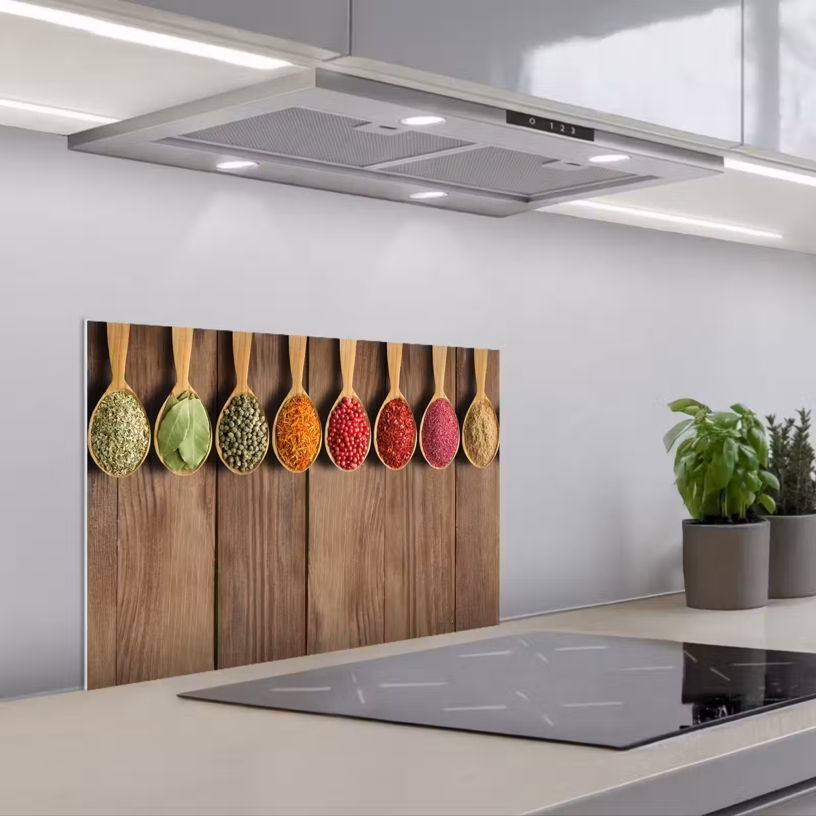 Kitchen splashback for hob - Spoons - Herbs - Wood — 1