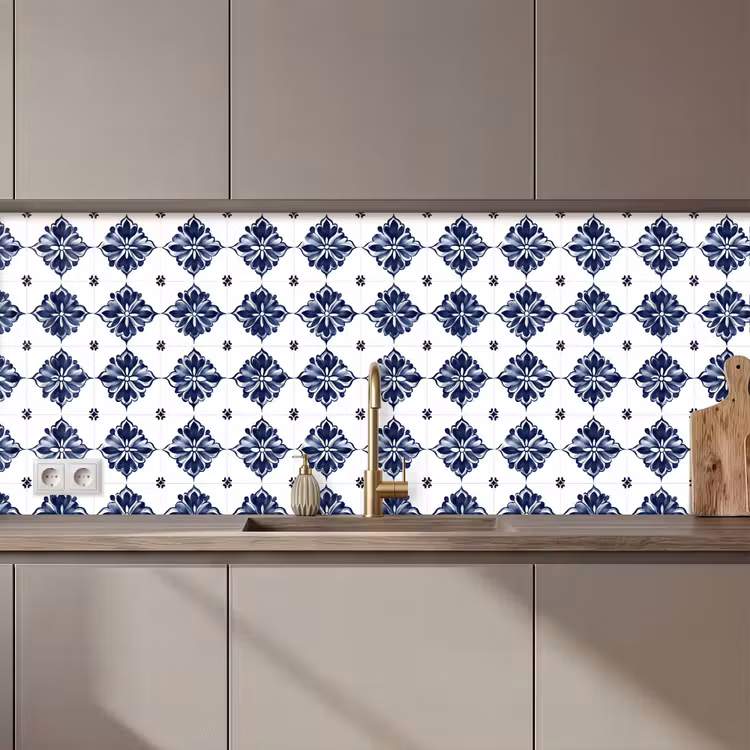 Kitchen splashback - Tile motif - Blue - White - Flower — 1