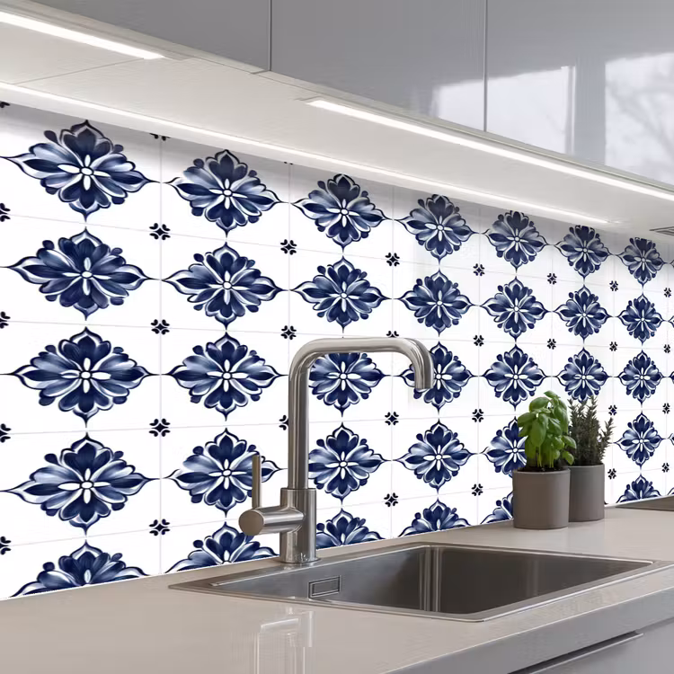 Kitchen splashback - Tile motif - Blue - White - Flower — 2
