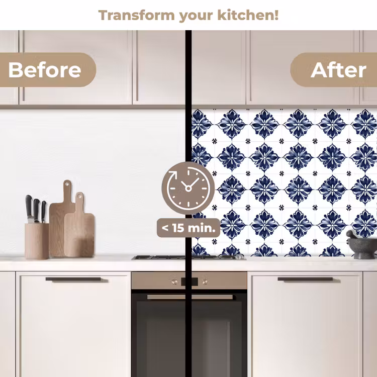Kitchen splashback - Tile motif - Blue - White - Flower — 3