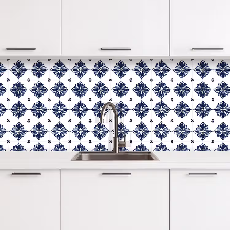 Kitchen splashback - Tile motif - Blue - White - Flower — 4