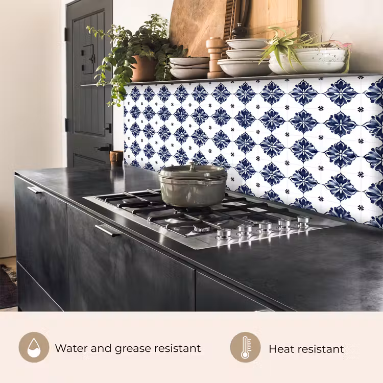 Kitchen splashback - Tile motif - Blue - White - Flower — 5