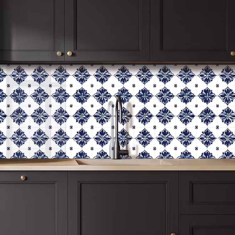 Kitchen splashback - Tile motif - Blue - White - Flower — 6