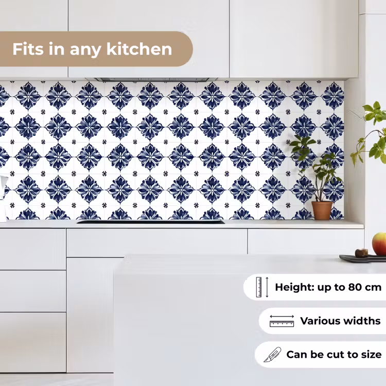Kitchen splashback - Tile motif - Blue - White - Flower — 7