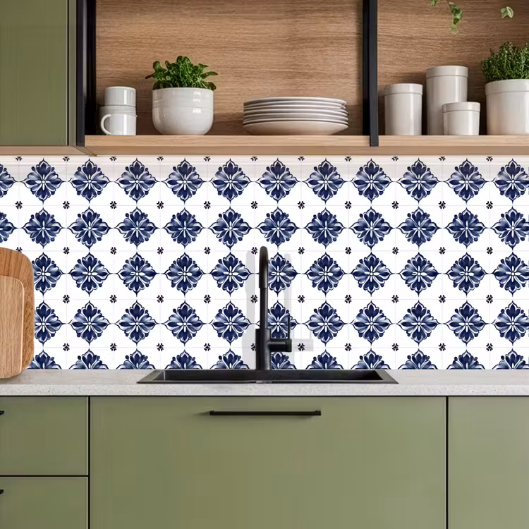 Kitchen splashback - Tile motif - Blue - White - Flower — 8