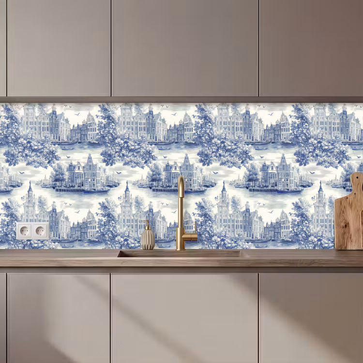 Kitchen splashback - Houses - Trees - Water - Birds - Blue — 1