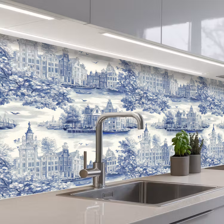 Kitchen splashback - Houses - Trees - Water - Birds - Blue — 2