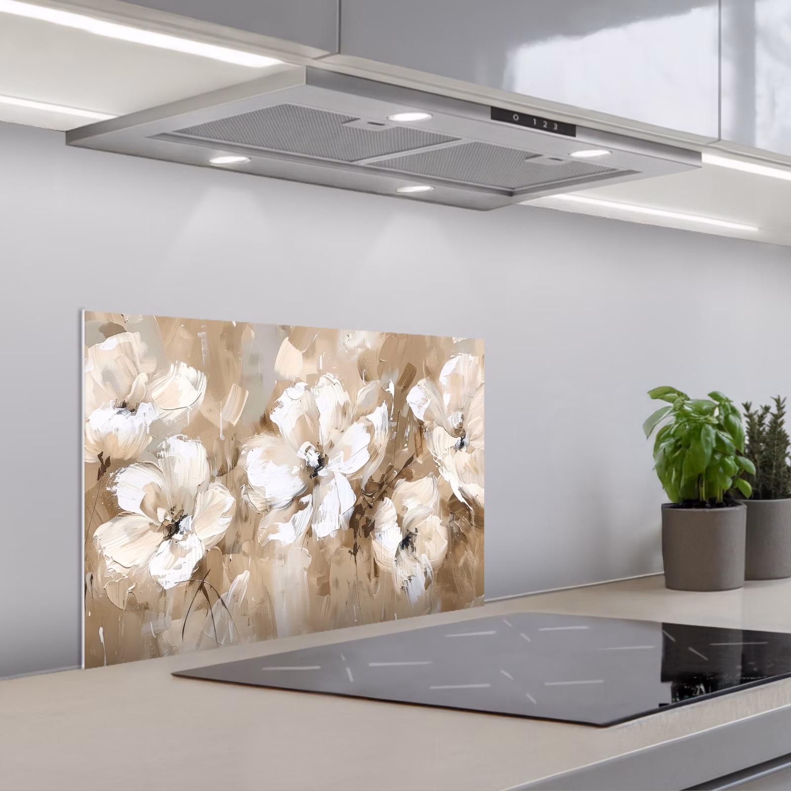 Kitchen splashback for hob - Flowers - Watercolor - Beige - Art — 1