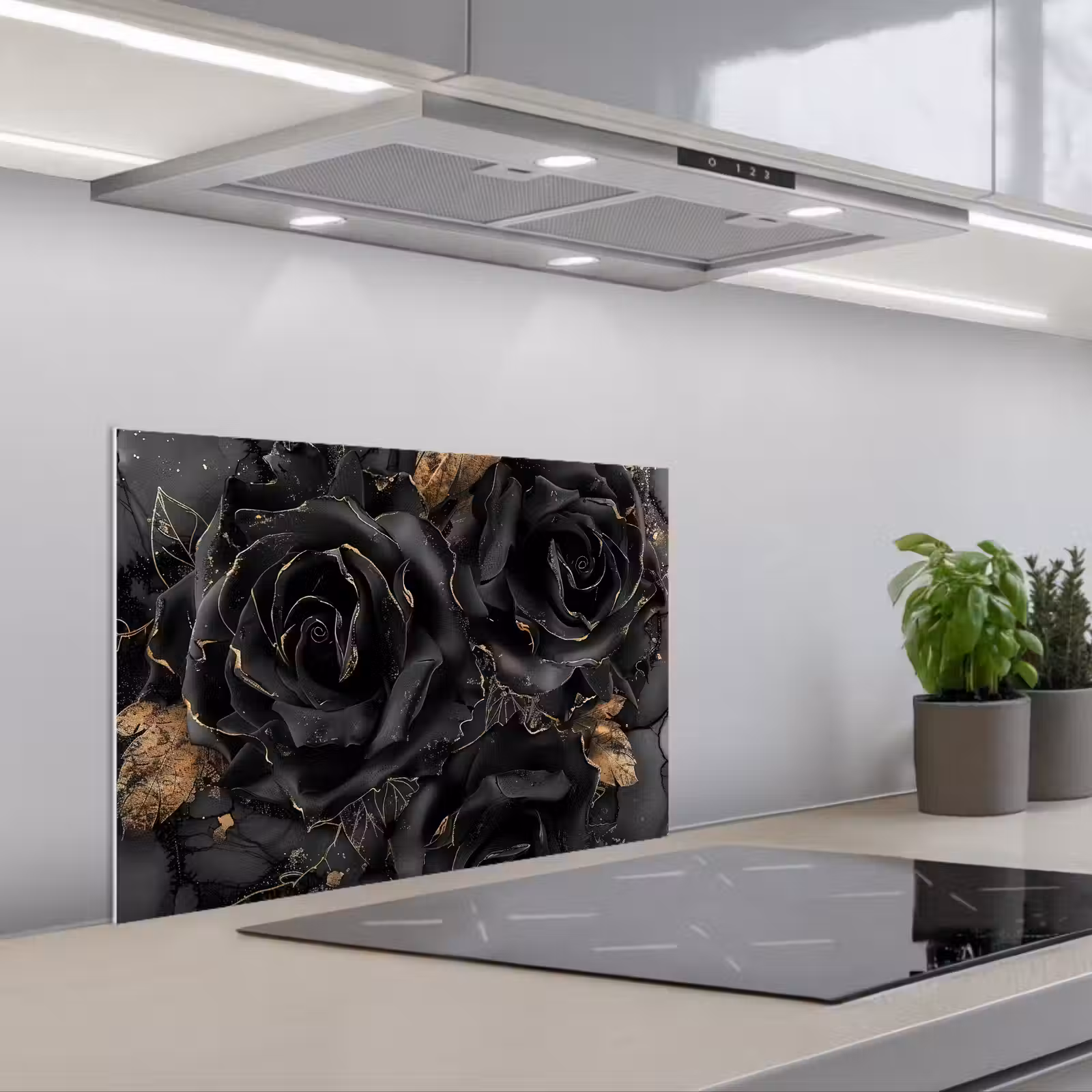 Kitchen splashback for hob - Obsidian - Black - Gold - Patterned — 1