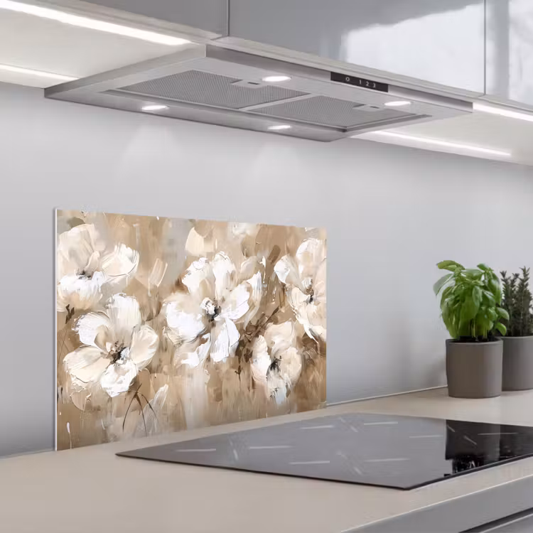 Kitchen splashback for hob - Flowers - Watercolor - Beige - Art — 1