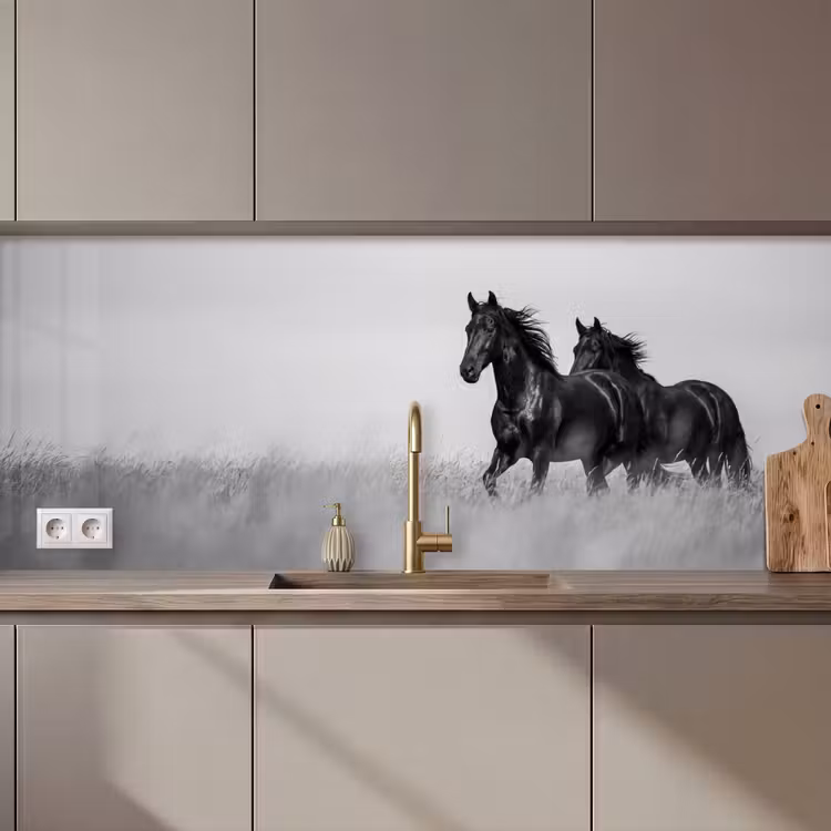Kitchen splashback - Horses - Grass - Black - White — 1