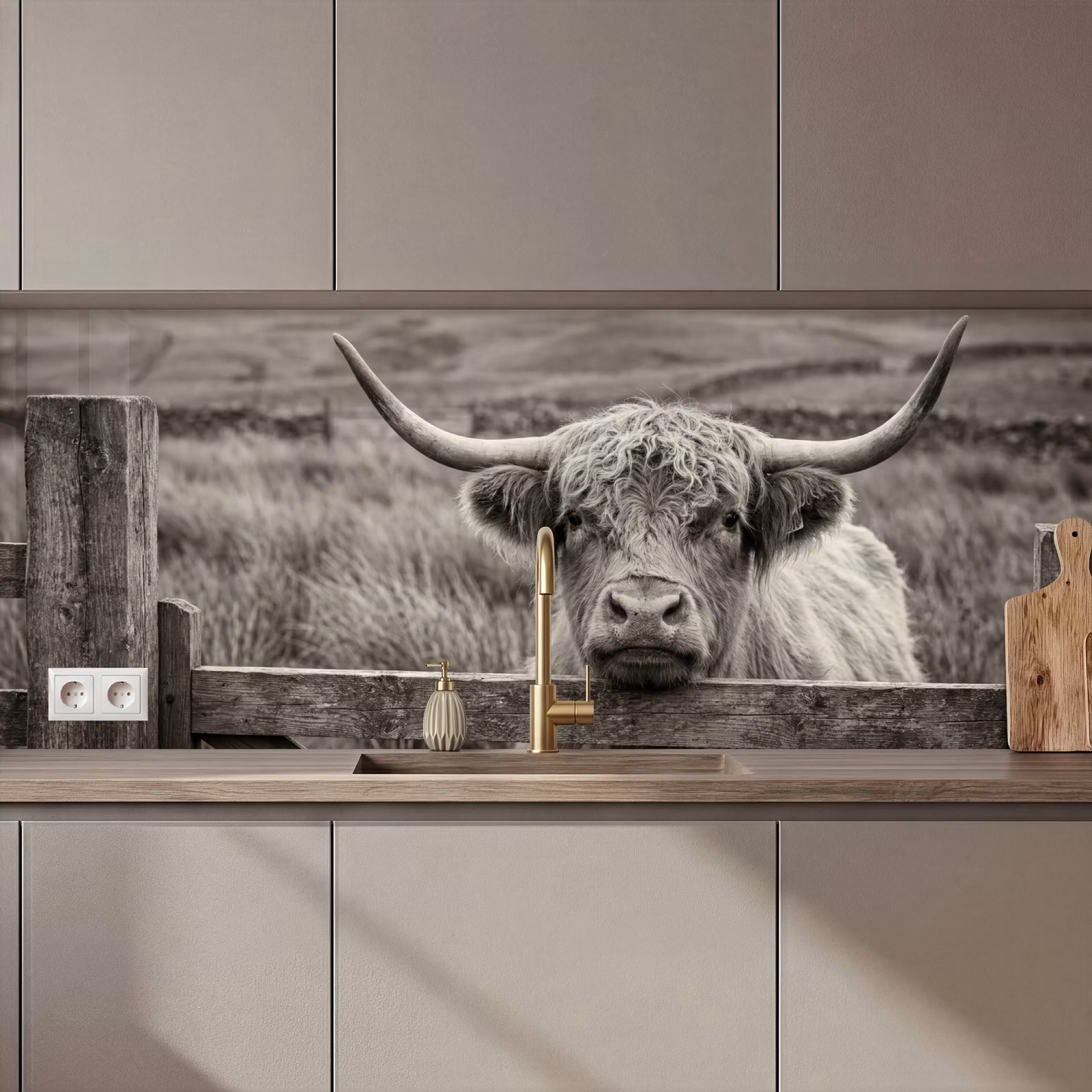 Kitchen splashback - Scottish Highlander - Black - White - Wood — 1