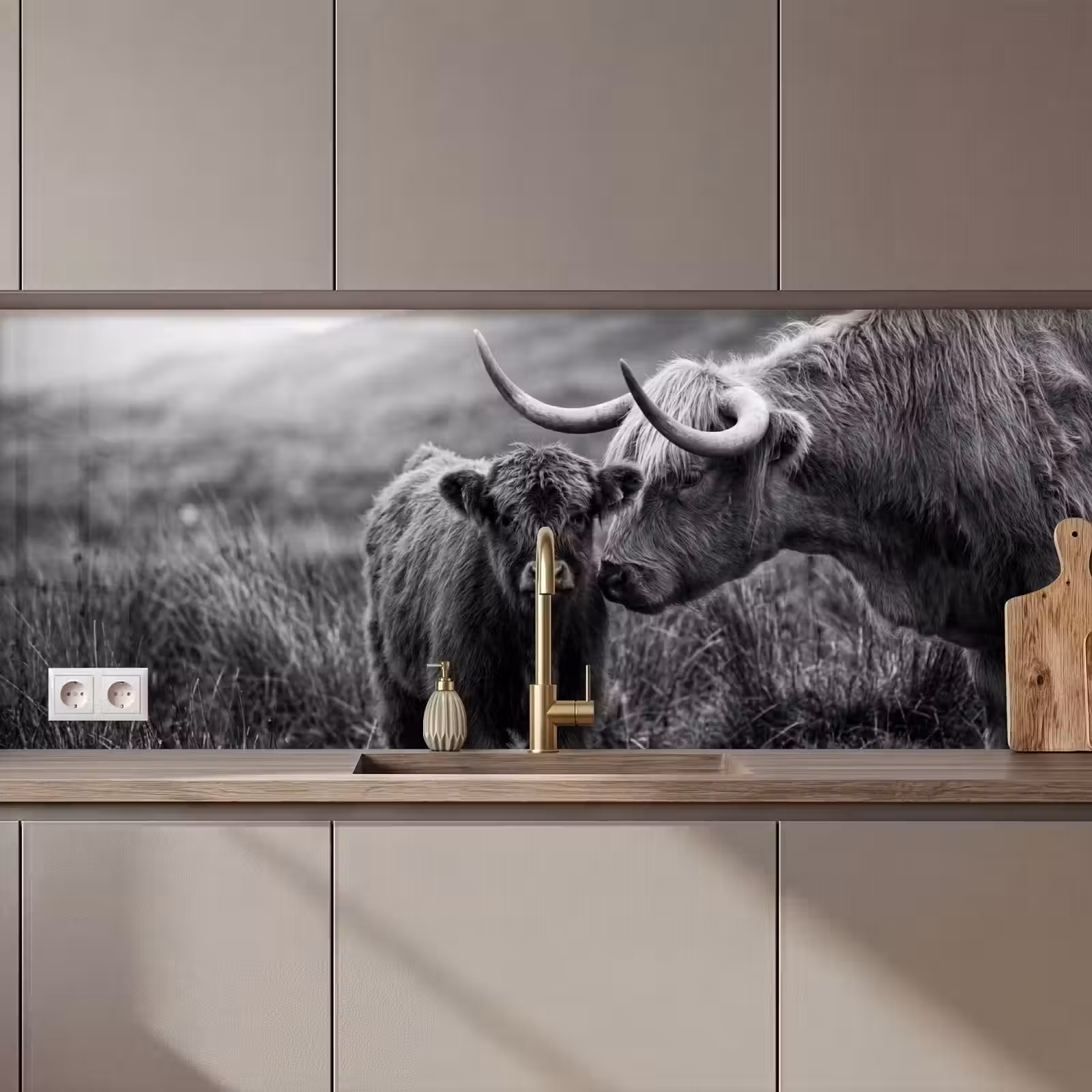 Kitchen splashback - Scottish highlander - Calf - Black - White — 1